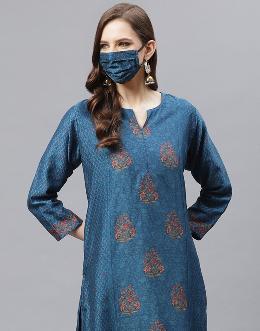 Blue Straight Cotton Chanderi Kurta with Plazzo Set