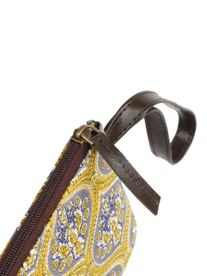 Yellow Printed Cotton Handbag With Pouch