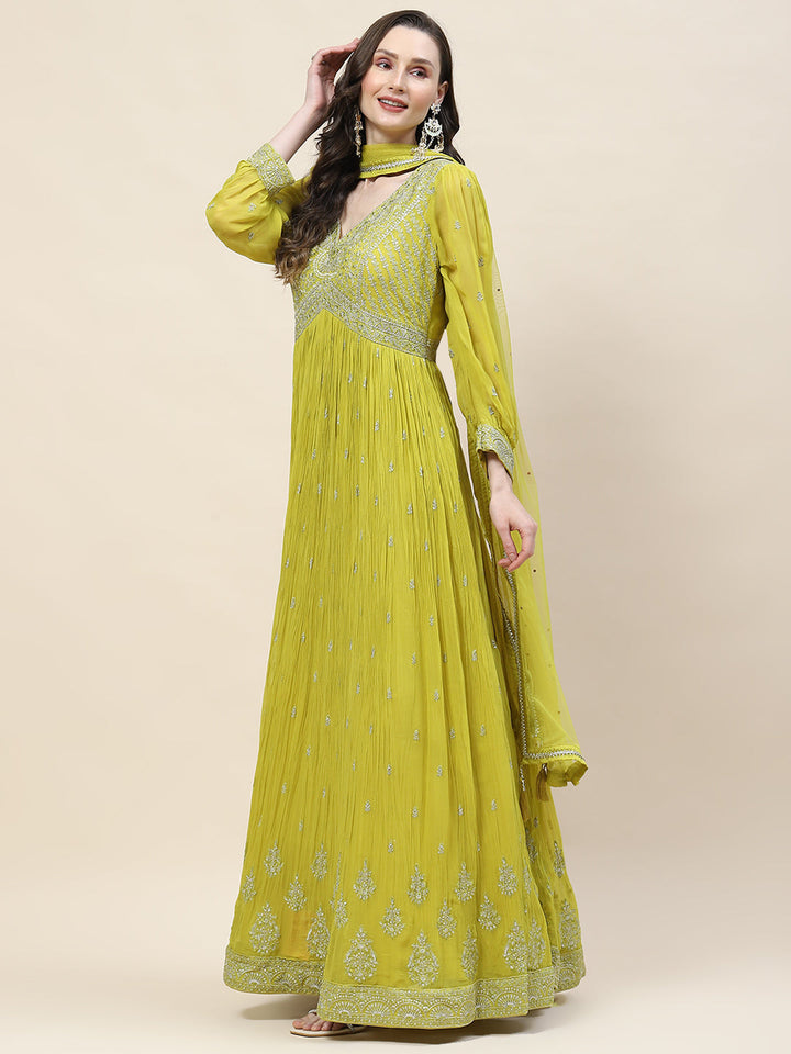 Sequin Embroidery Georgette Kurta With Churidar &amp; Dupatta