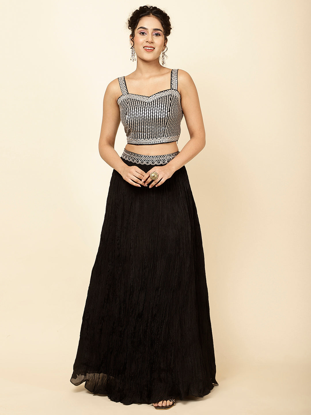 Sequin Embroidered Crepe Choli With Lehenga &amp; Jacket