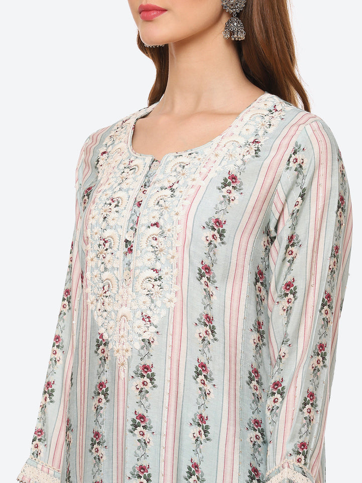 Resham Work Floral Printed Muslin Kurta With Pant