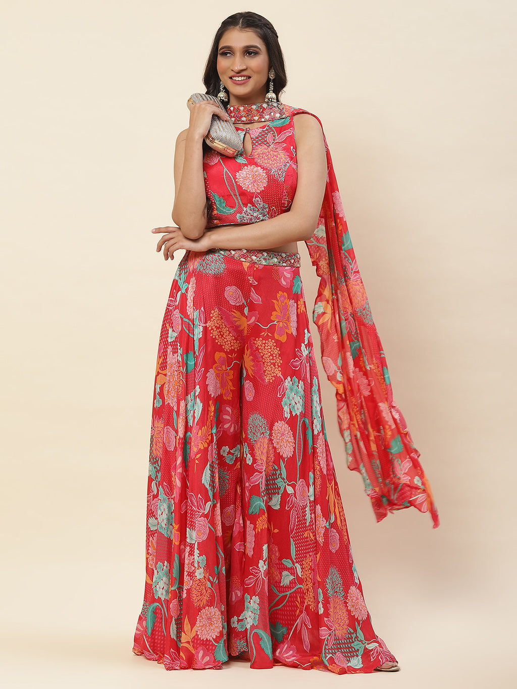 Floral Printed Crepe Crop Top With Palazzo & Dupatta