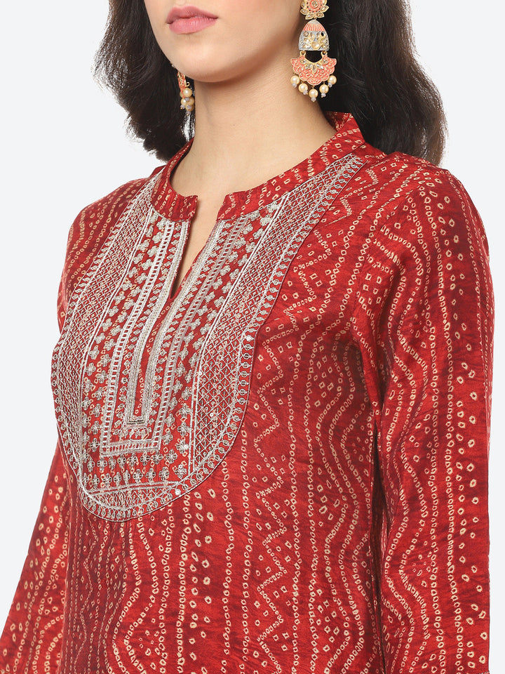 Zari Embroidered Bandhej Printed Muslin Kurti With Pant
