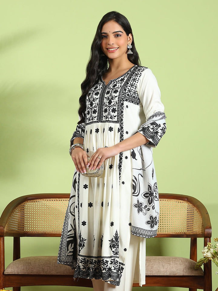 Embroidered Cotton Kurta With Pant &amp; Dupatta