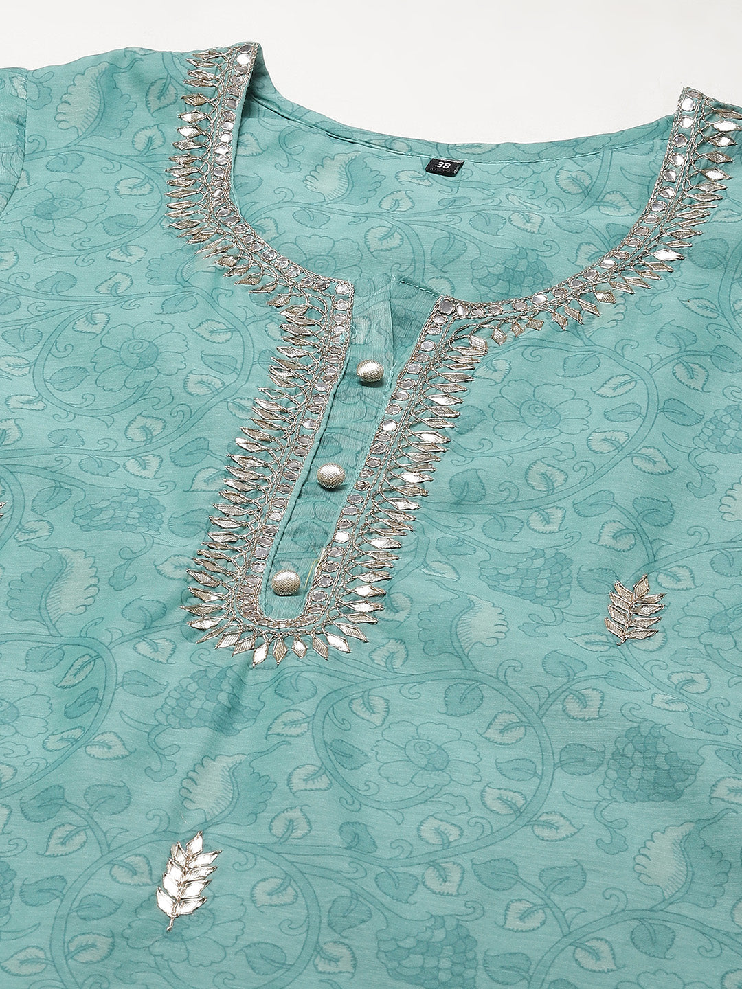 Printed &amp; Neck Embroidered Chanderi Kurta With Pants