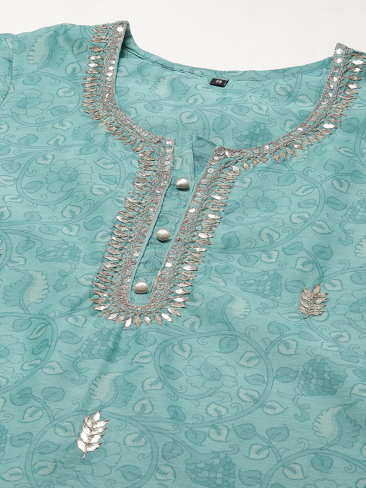 Printed &amp; Neck Embroidered Chanderi Kurta With Pants