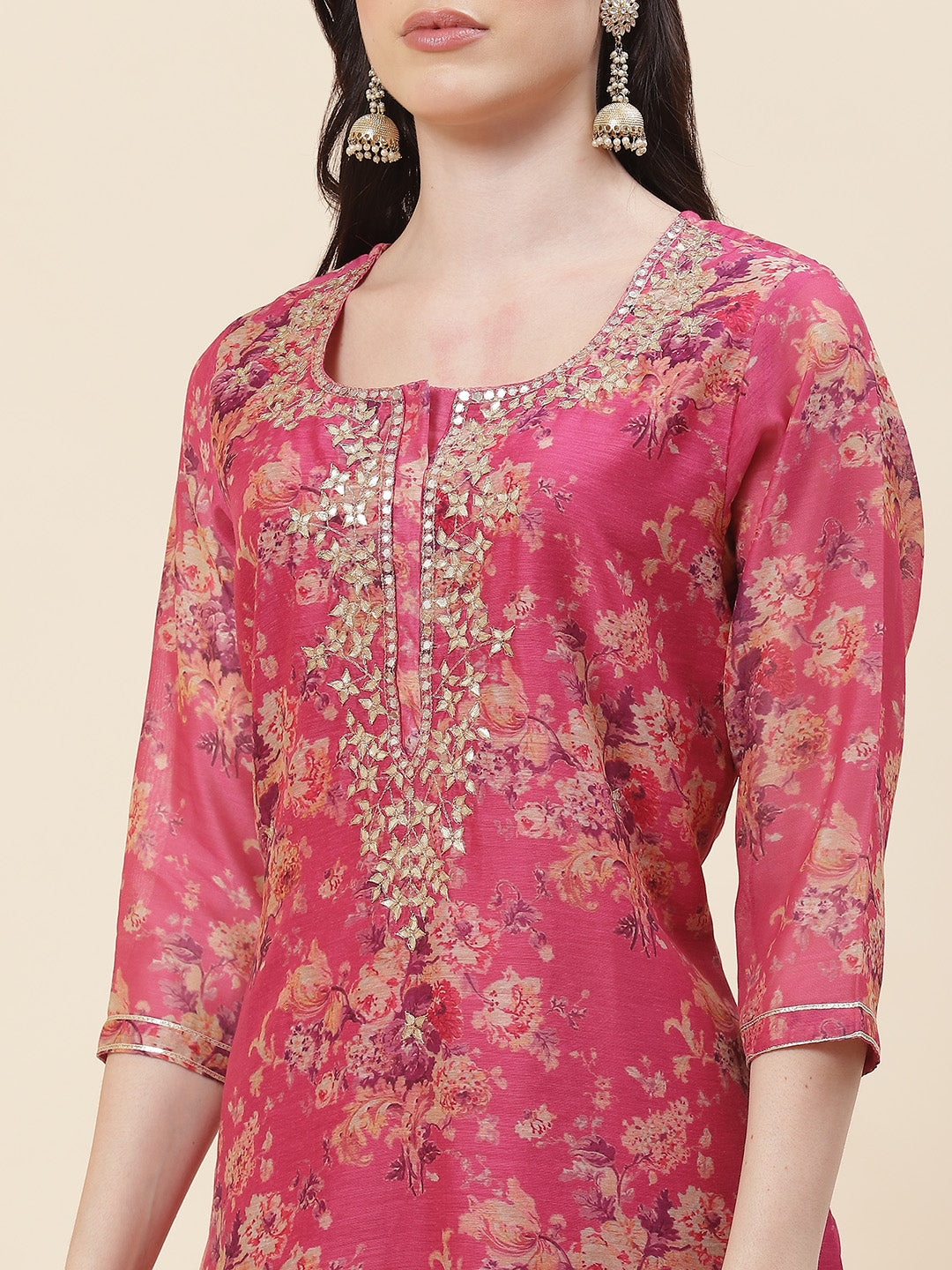 Printed Chanderi Kurta With Pants