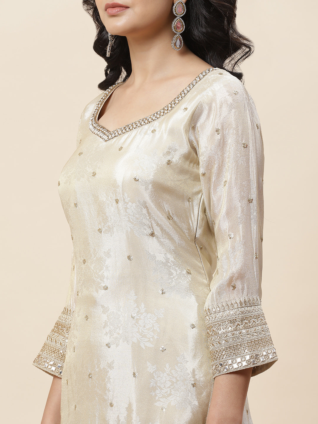 Sequin Embroidered Crepe Kurta With Garara &amp; Dupatta