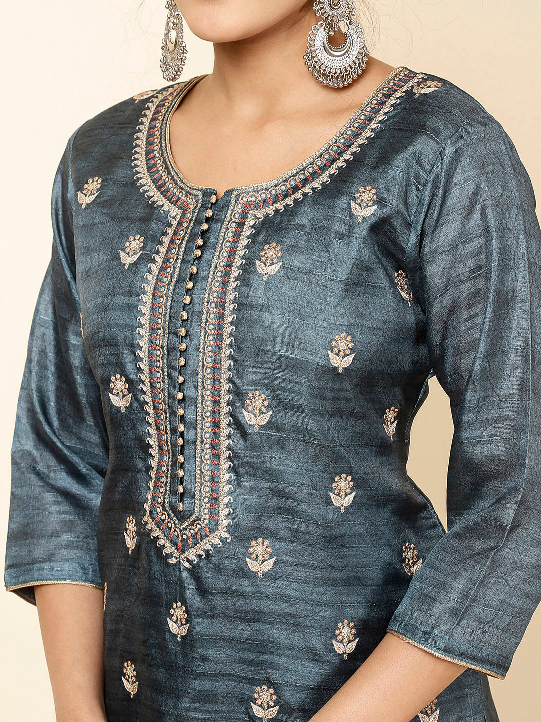 Embroidered Tussar Kurta With Pants &amp; Dupatta