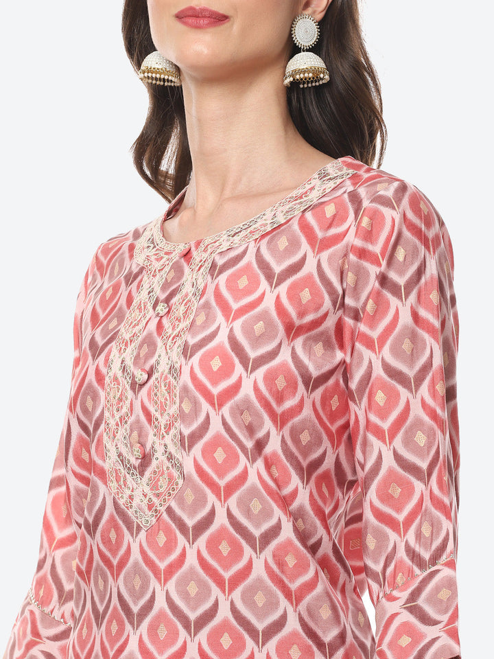 Printed Neck Embroidered Patti Chanderi Kurta With Pant