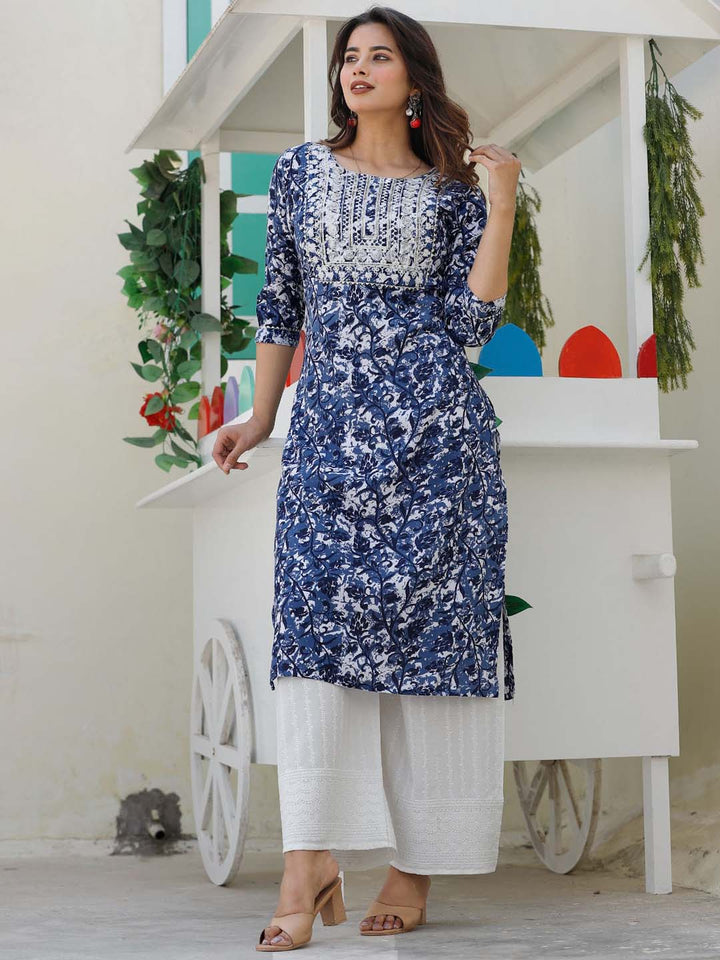Neck Embroidered &amp; Printed Cotton Kurta With Pants