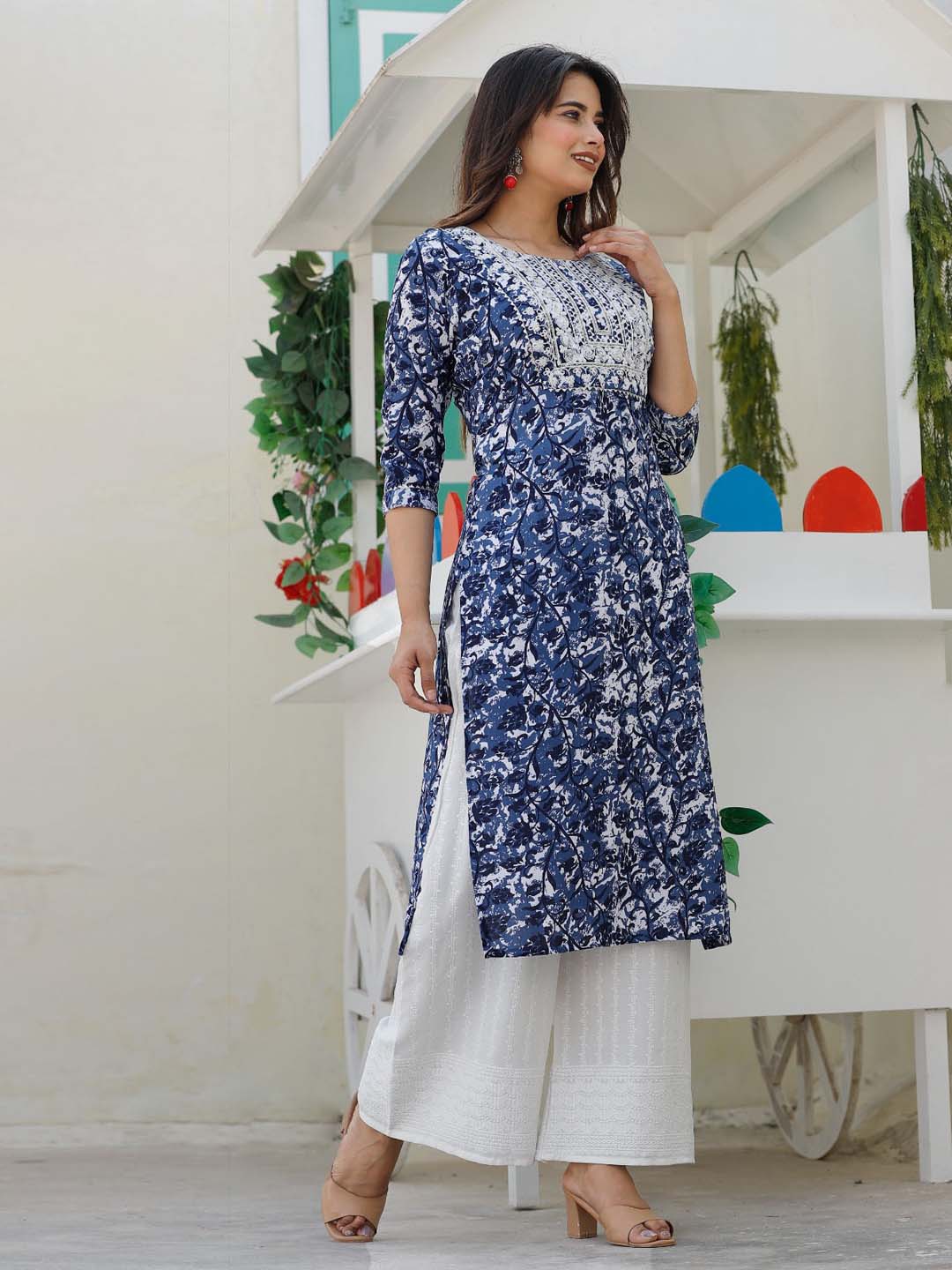 Neck Embroidered &amp; Printed Cotton Kurta With Pants