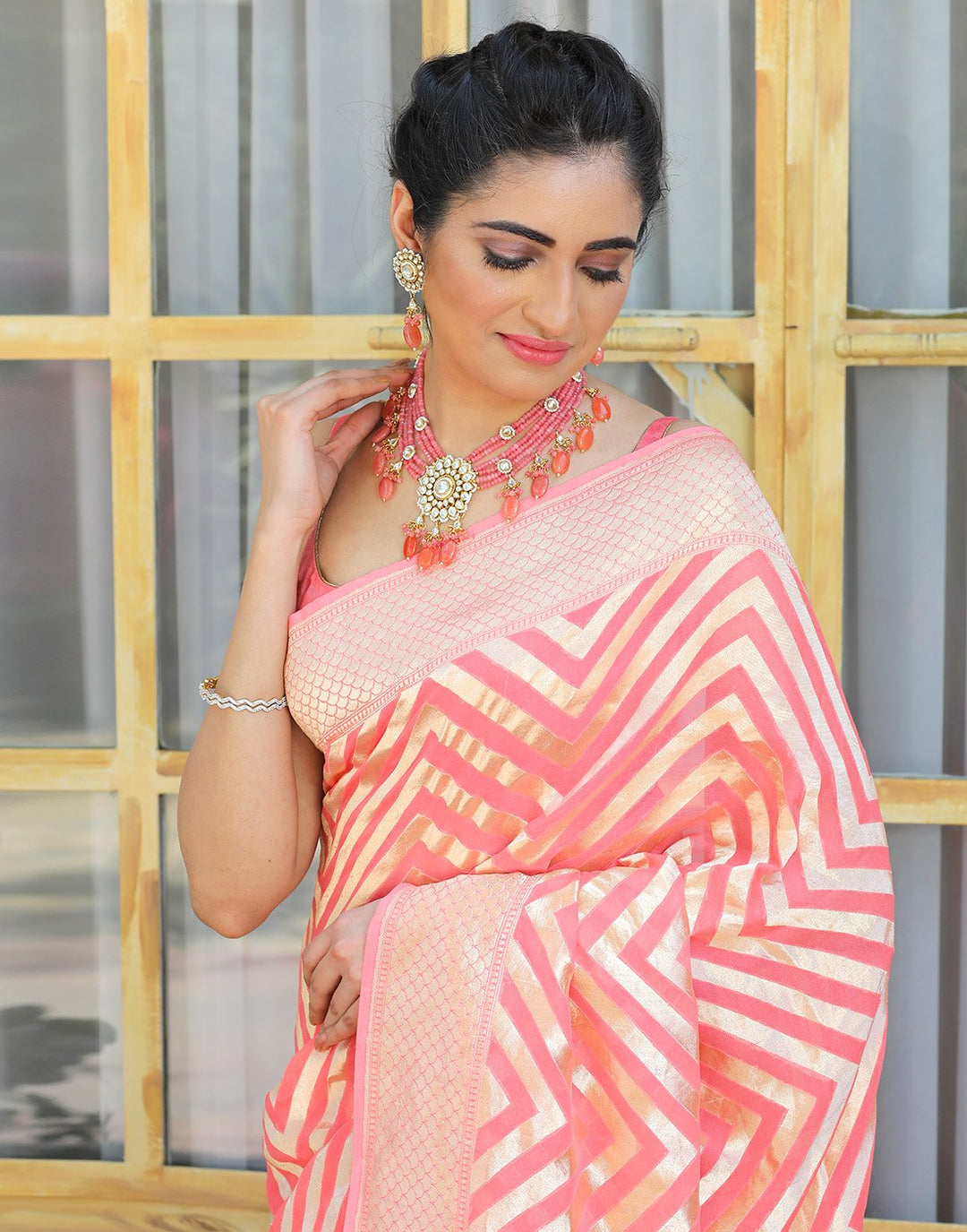 Georgette  Banarasi Khaddi With Zig Zag Stripes