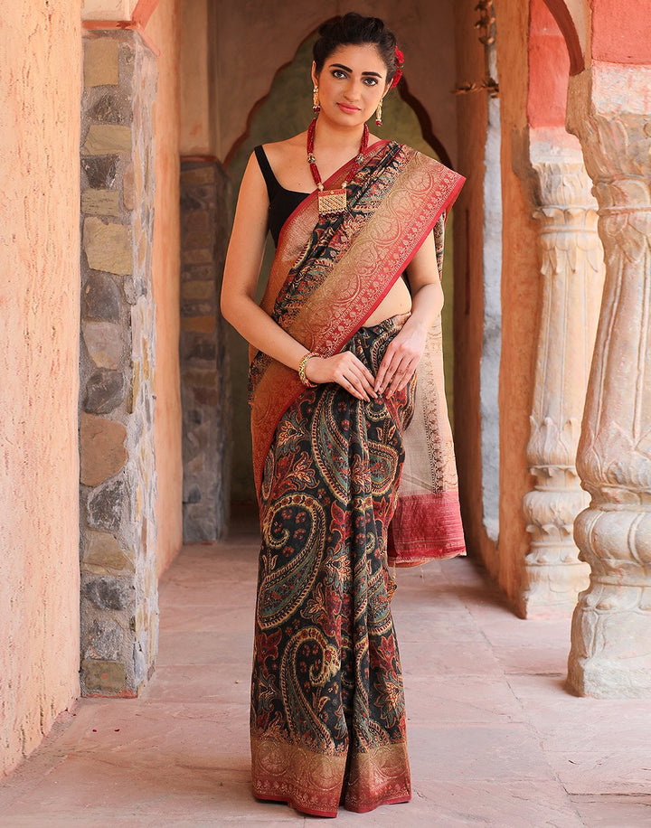 Beautiful Tassar Printed Saree With Antique Zari Border