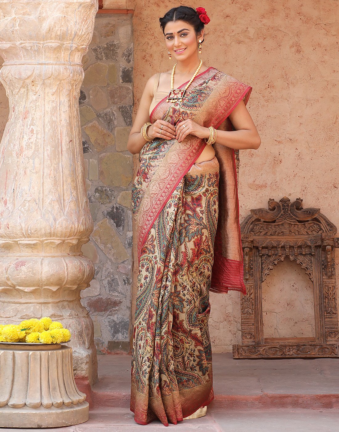 Beautiful Tassar Printed Saree With Antique Zari Border