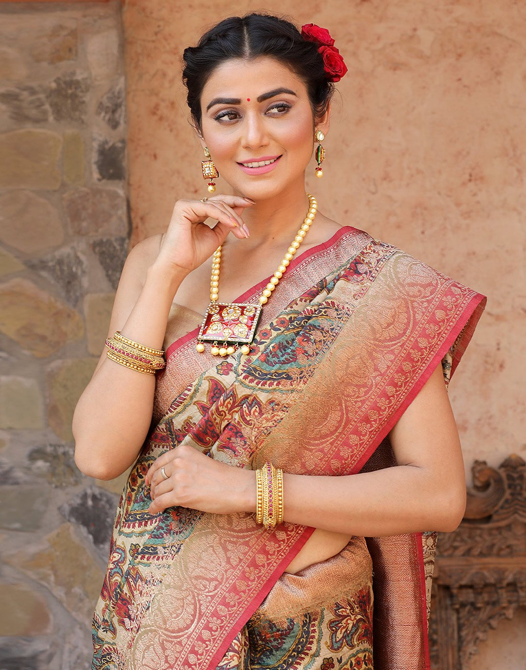 Beautiful Tassar Printed Saree With Antique Zari Border
