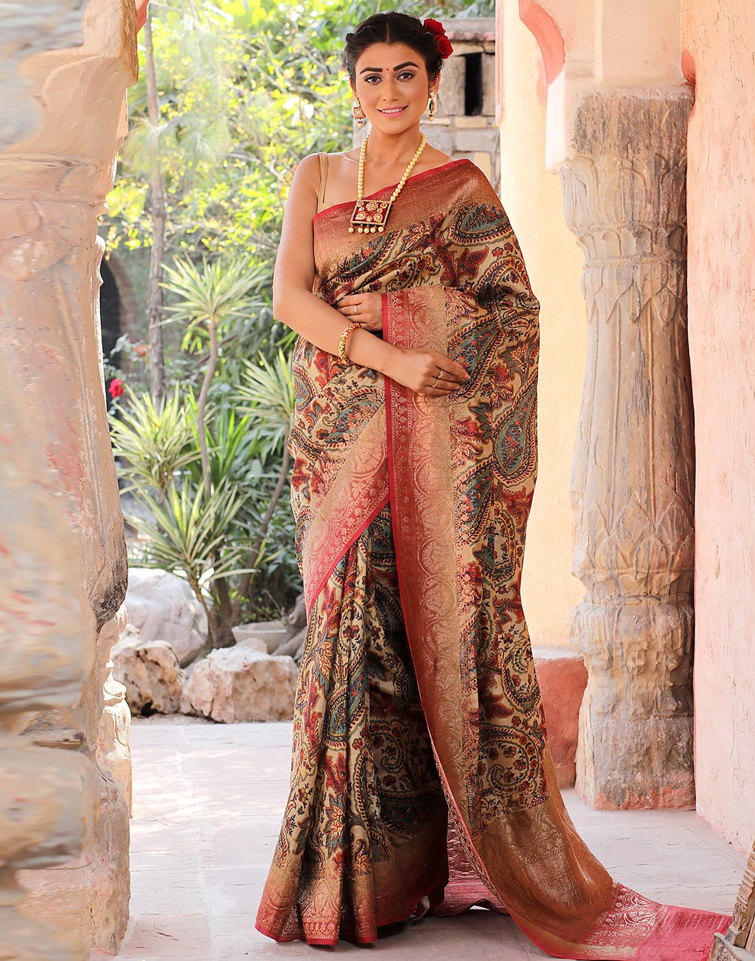Beautiful Tassar Printed Saree With Antique Zari Border