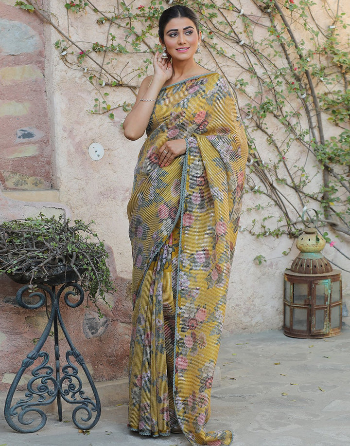 Beautiful Floral Printed  Organza Saree with Sequence Work