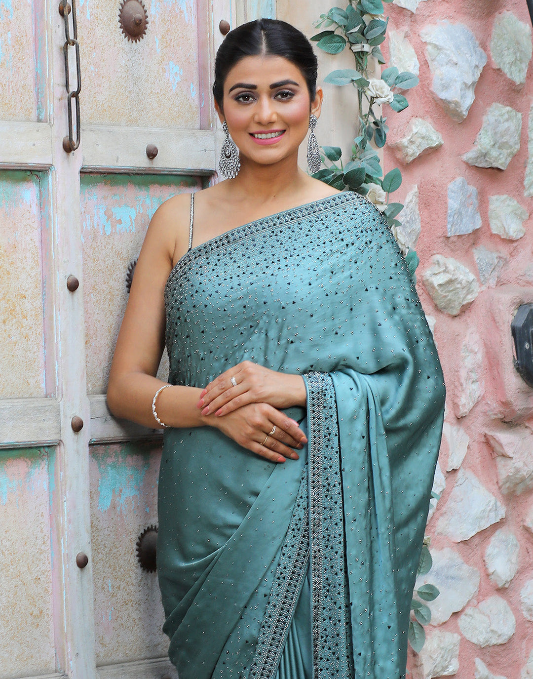 Pure Satin  Saree With Stone Work  Embroidery