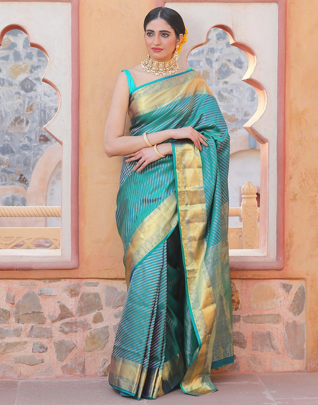 Handloom Silk Saree With Stripe Zari Border