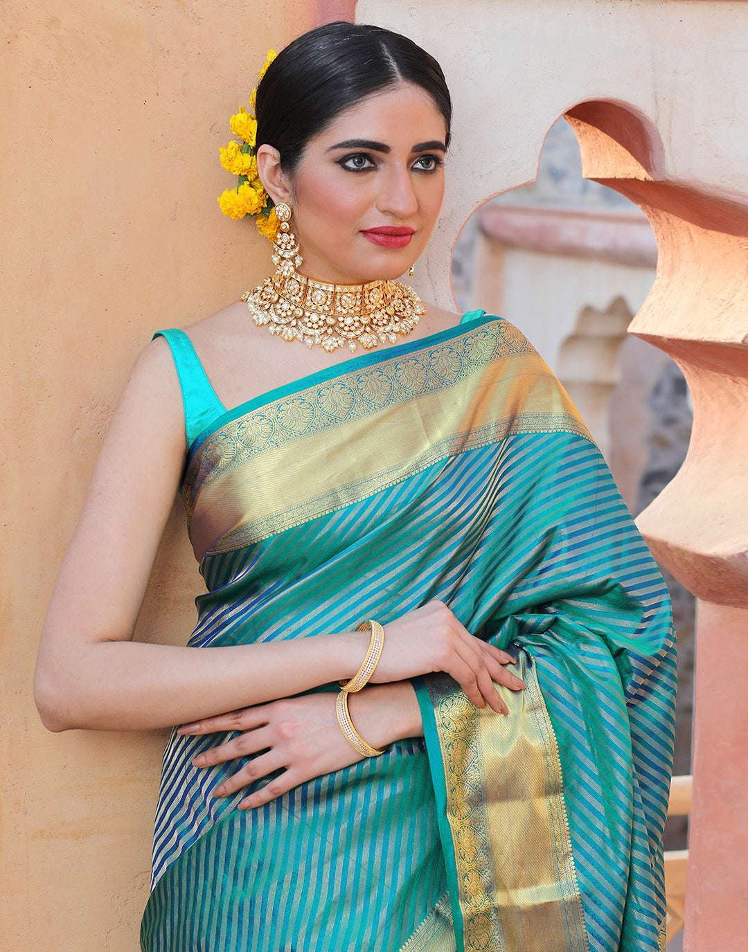 Handloom Silk Saree With Stripe Zari Border