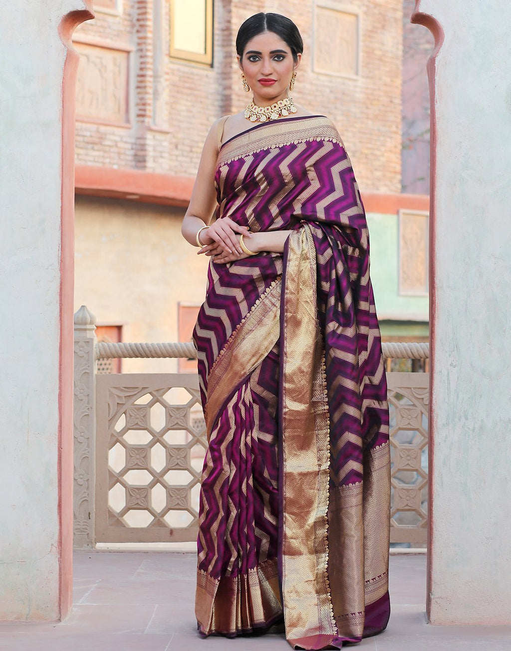 Banaras Handloom  Silk Saree With Strip Zari Jaal