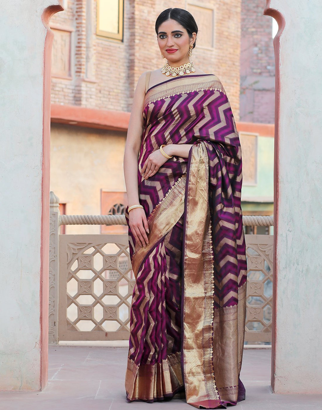 Banaras Handloom  Silk Saree With Strip Zari Jaal