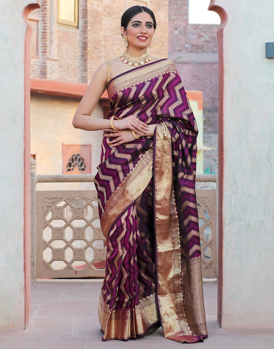 Banaras Handloom  Silk Saree With Strip Zari Jaal