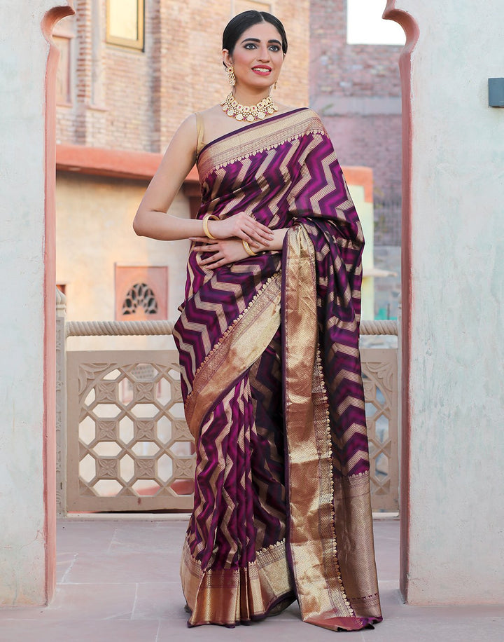 Banaras Handloom  Silk Saree With Strip Zari Jaal