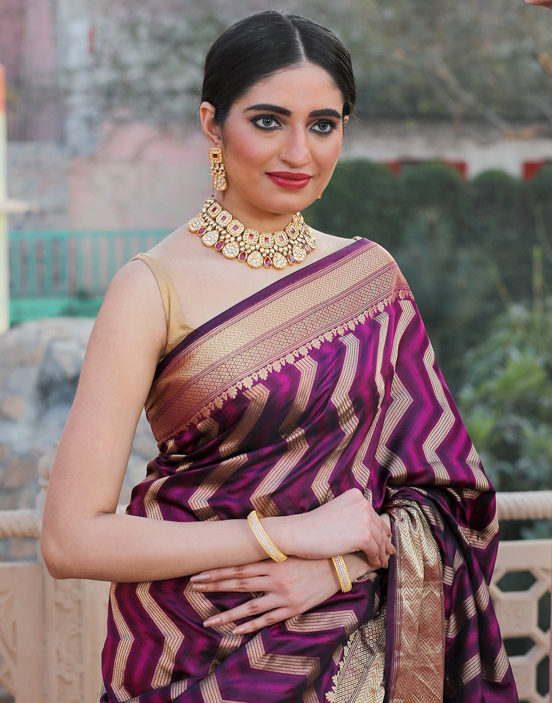 Banaras Handloom  Silk Saree With Strip Zari Jaal