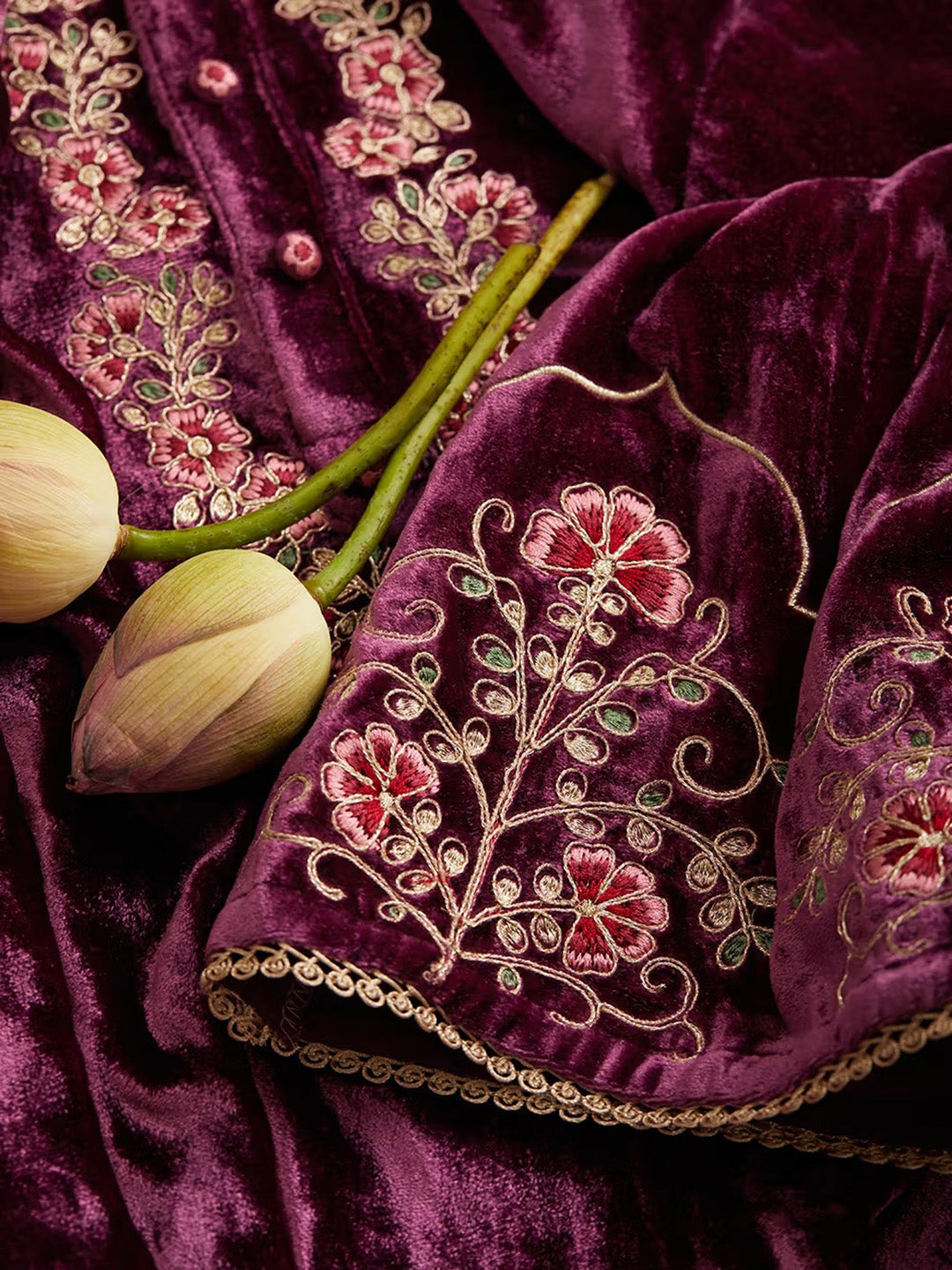 Embroidered Velvet Kurta With Pant &amp; Dupatta