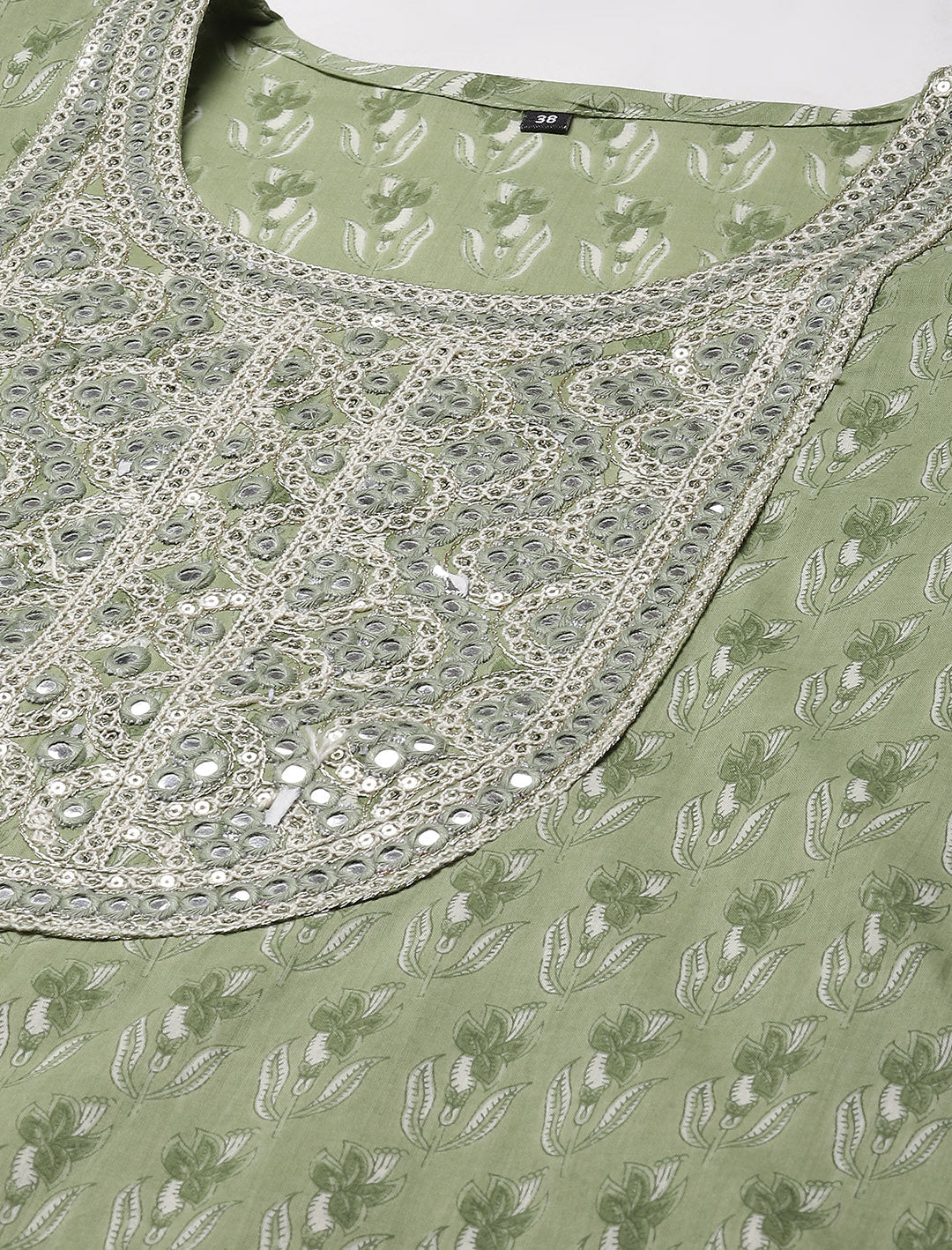 Printed  &amp; Neck Embroidered Cotton Kurta With Pants