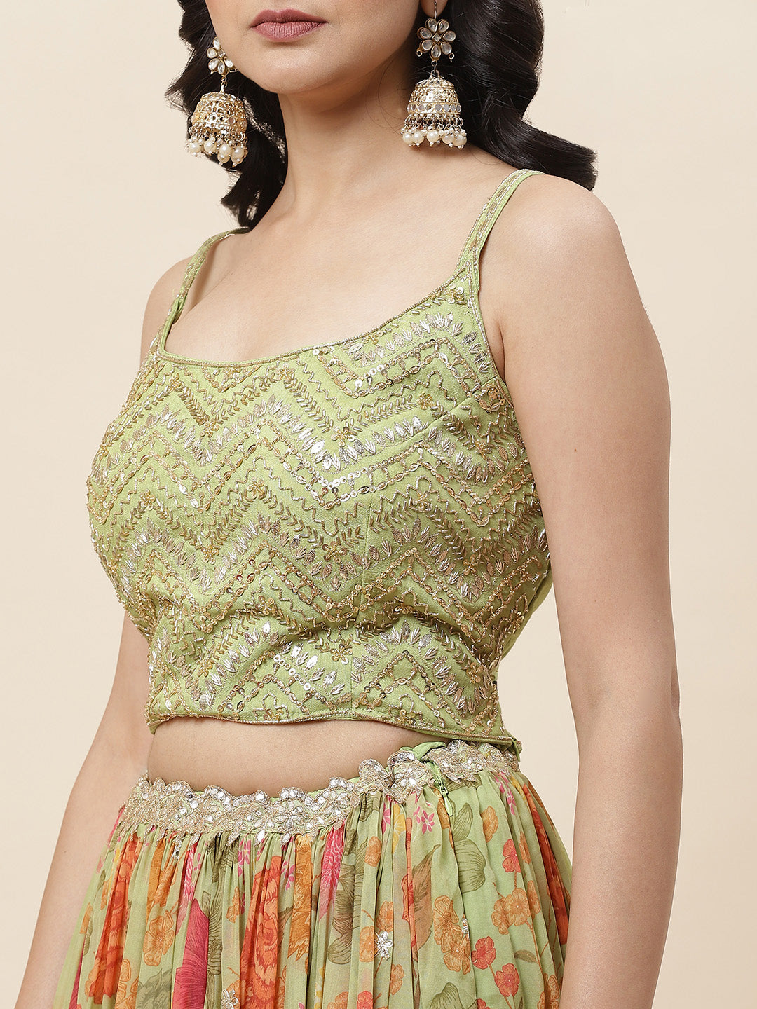 Floral Printed Organza Choli With Lehenga &amp; Cape