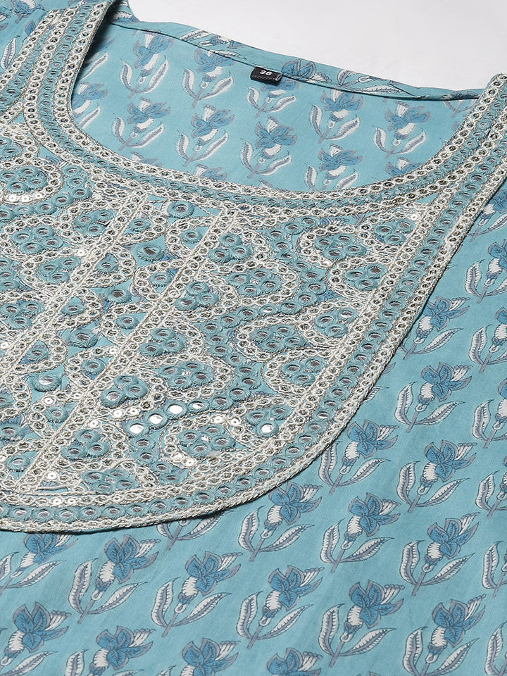Printed  &amp; Neck Embroidered Cotton Kurta With Pants