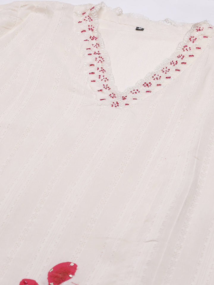 Neck Embroidered Cotton Blend Kurta With Pants &amp; Dupatta