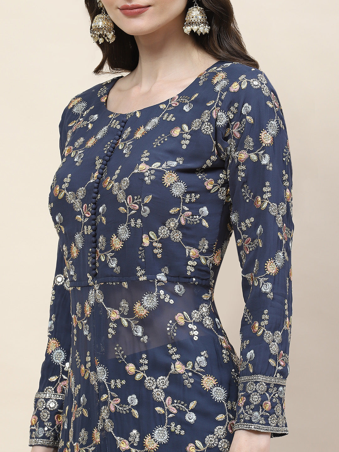 Resham Sequin Embroidery Georgette Kurta With Sharara &amp; Dupatta