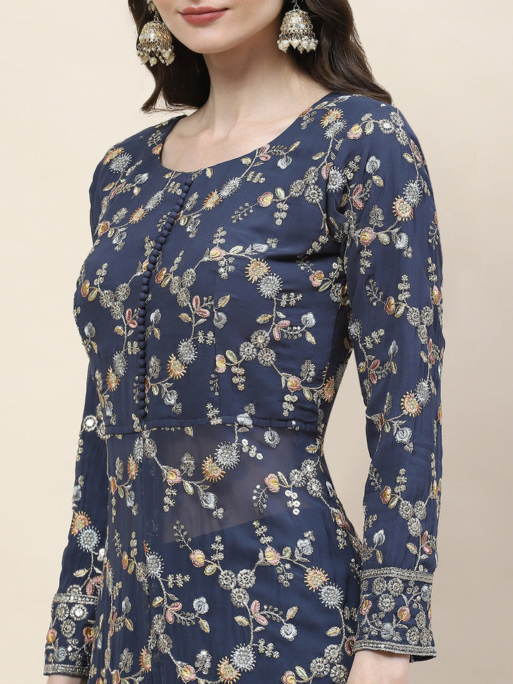 Resham Sequin Embroidery Georgette Kurta With Sharara &amp; Dupatta