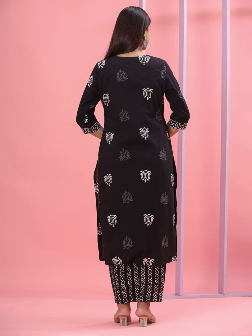 Black Embroidered Cotton Blend Straight Suit Set With Dupatta