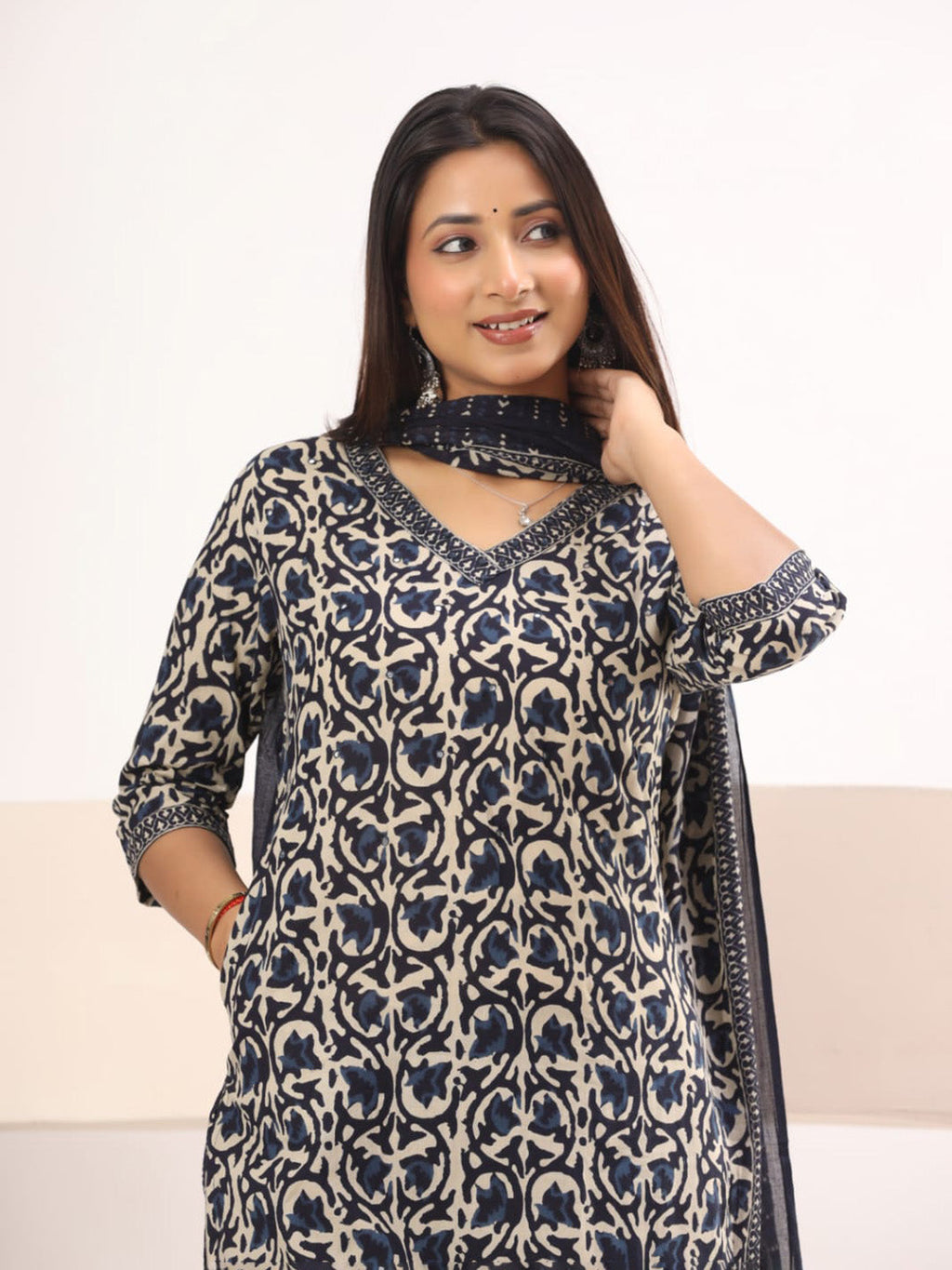 Black Embroidered Cotton Blend Straight Suit Set With Dupatta
