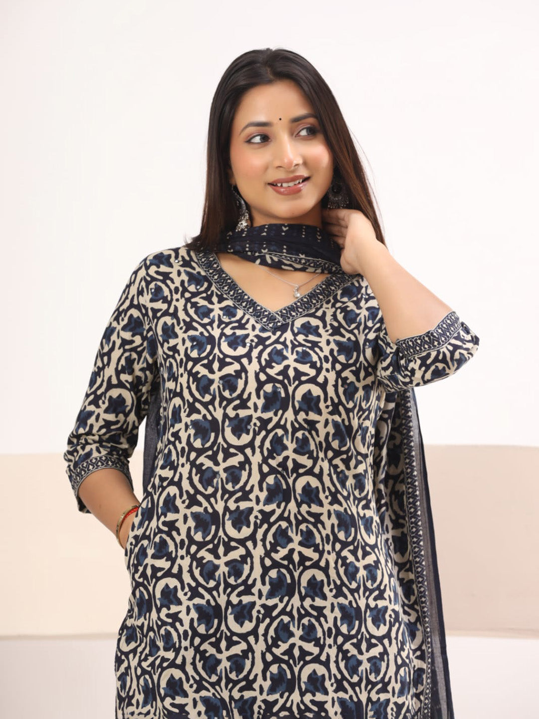 Black Embroidered Cotton Blend Straight Suit Set With Dupatta