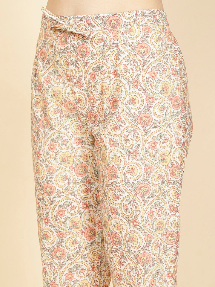 Floral Block Printed Cotton Kurta With Pants &amp; Dupatta