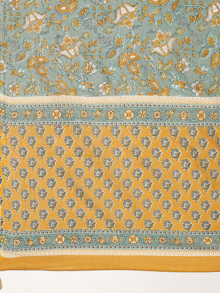 Block Printed Cotton Kurta With Pants &amp; Dupatta