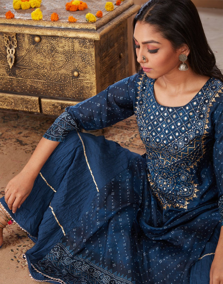 MBZ Meena Bazaar-Blue Cotton Chanderi Kurti