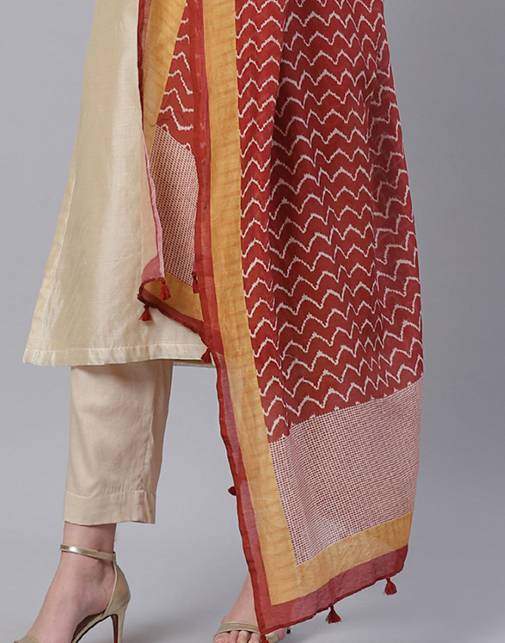 Embroidered Cotton Kurta With Pant & Chanderi Dupatta