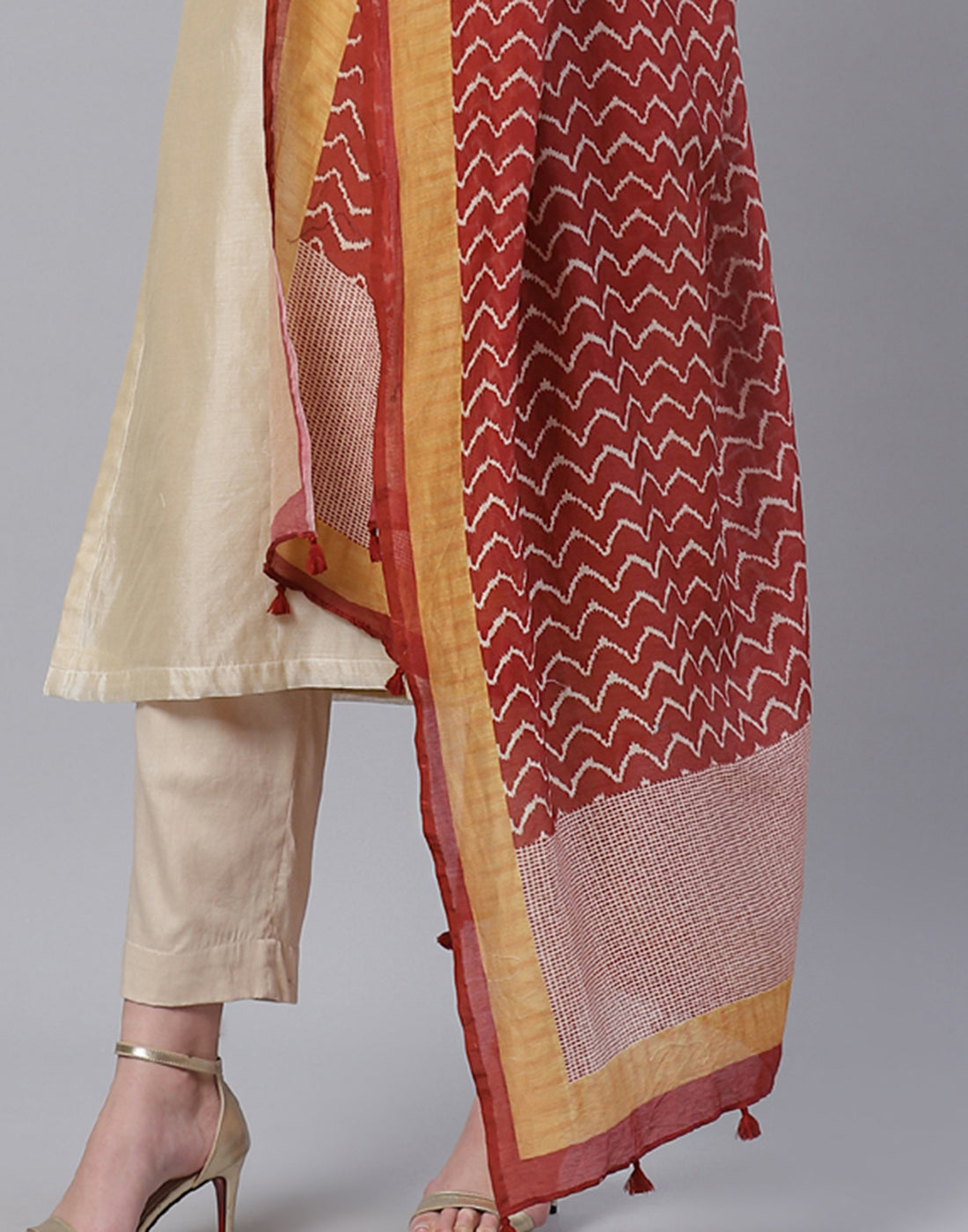 Embroidered Cotton Kurta With Pant & Chanderi Dupatta