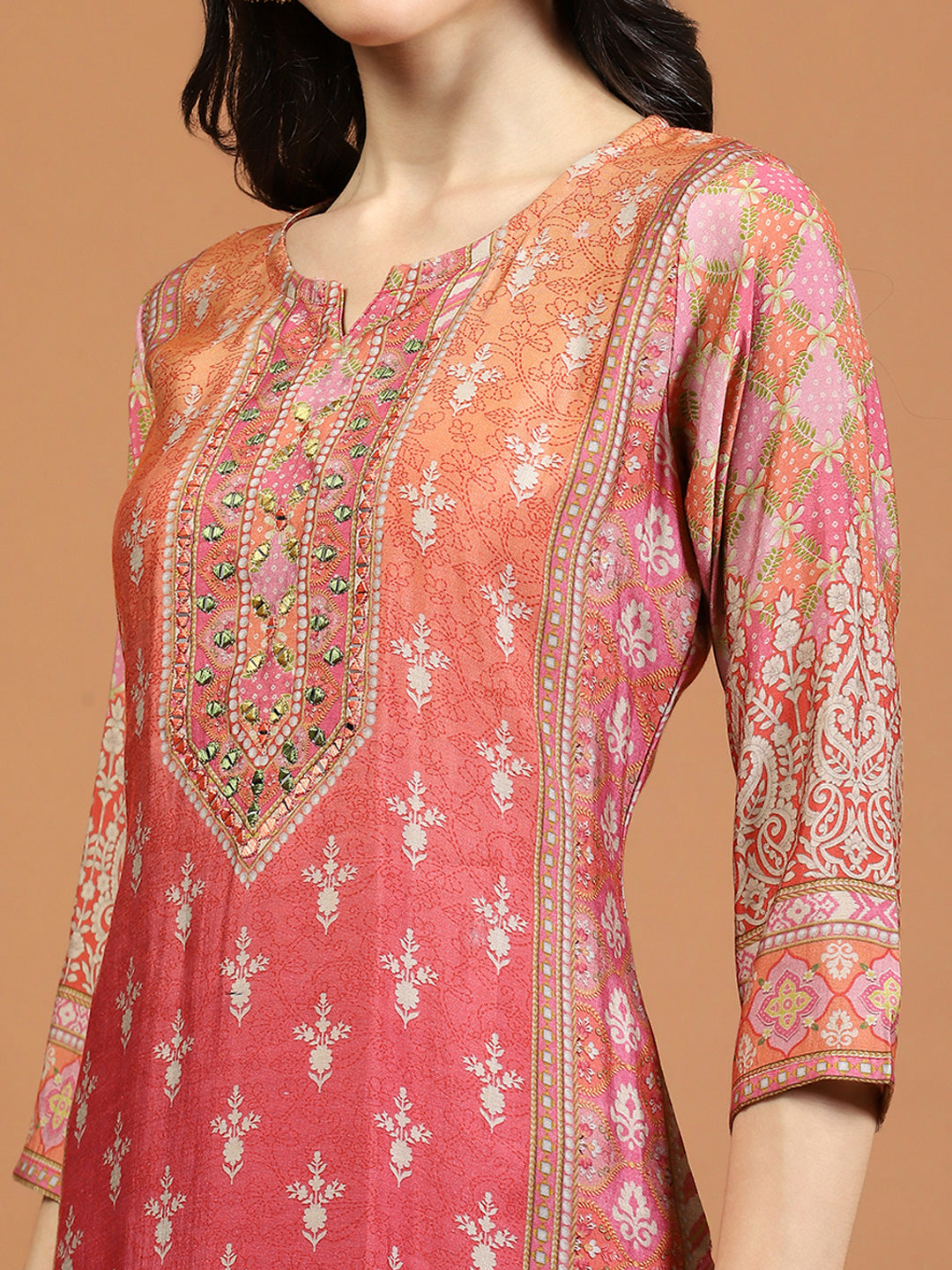 Neck Embroidered Muslin Kurta With Pants &amp; Dupatta