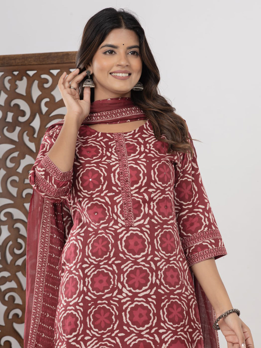 Maroon Embroidered Cotton Blend Straight Suit Set With Dupatta
