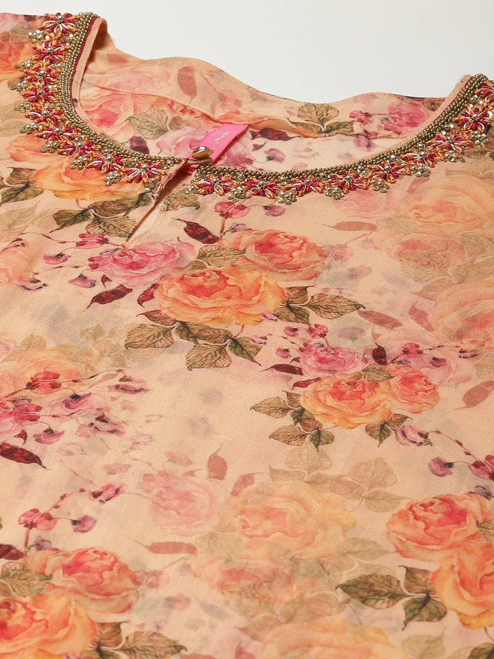 Floral Printed Organza Kurta With Palazzo &amp; Inner