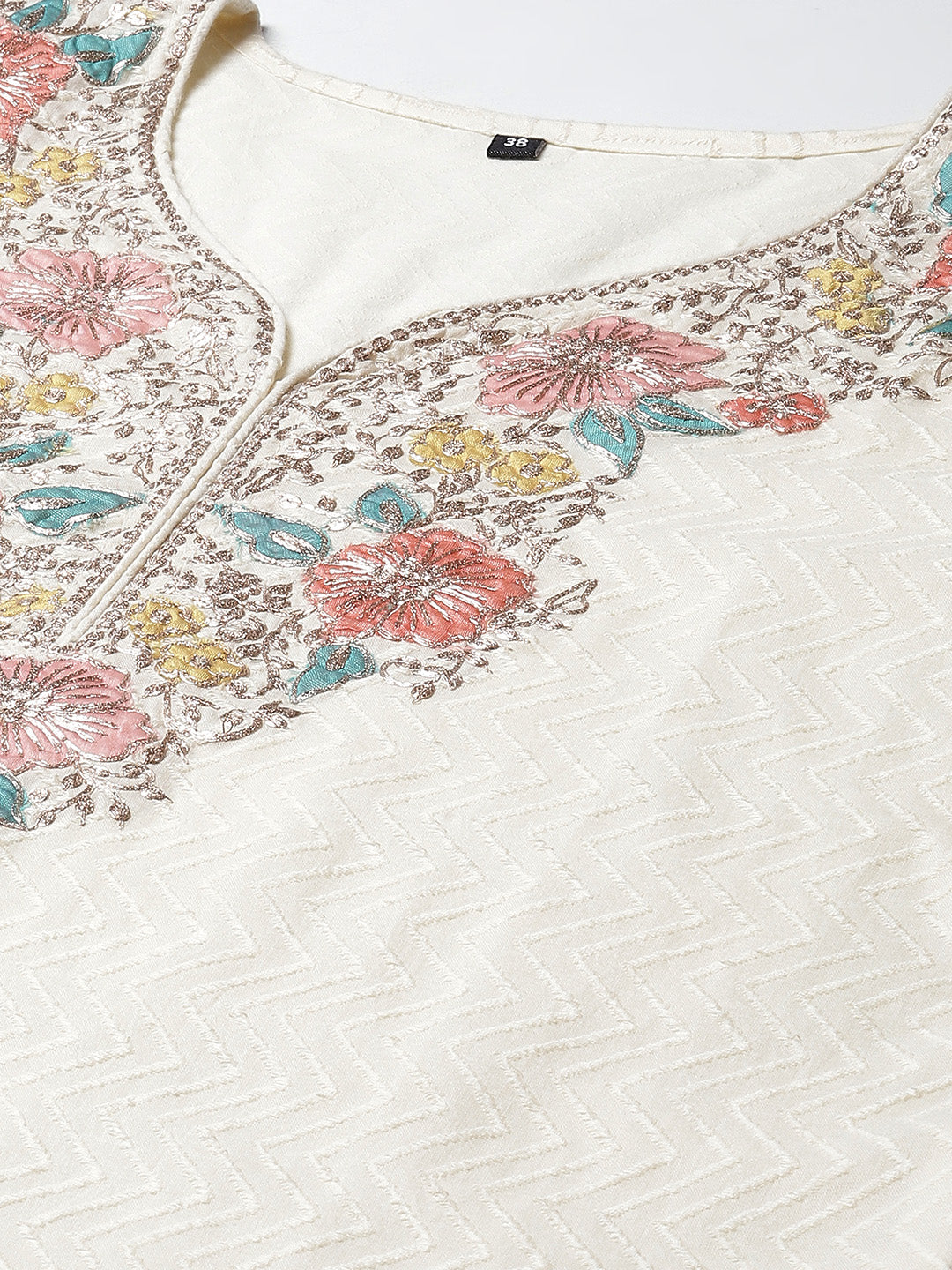 Neck Embroidered Cotton Kurta With Pants &amp; Dupatta