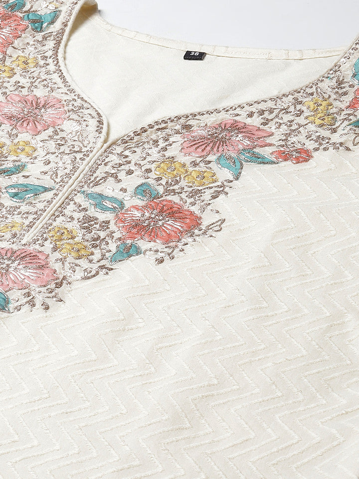 Neck Embroidered Cotton Kurta With Pants &amp; Dupatta